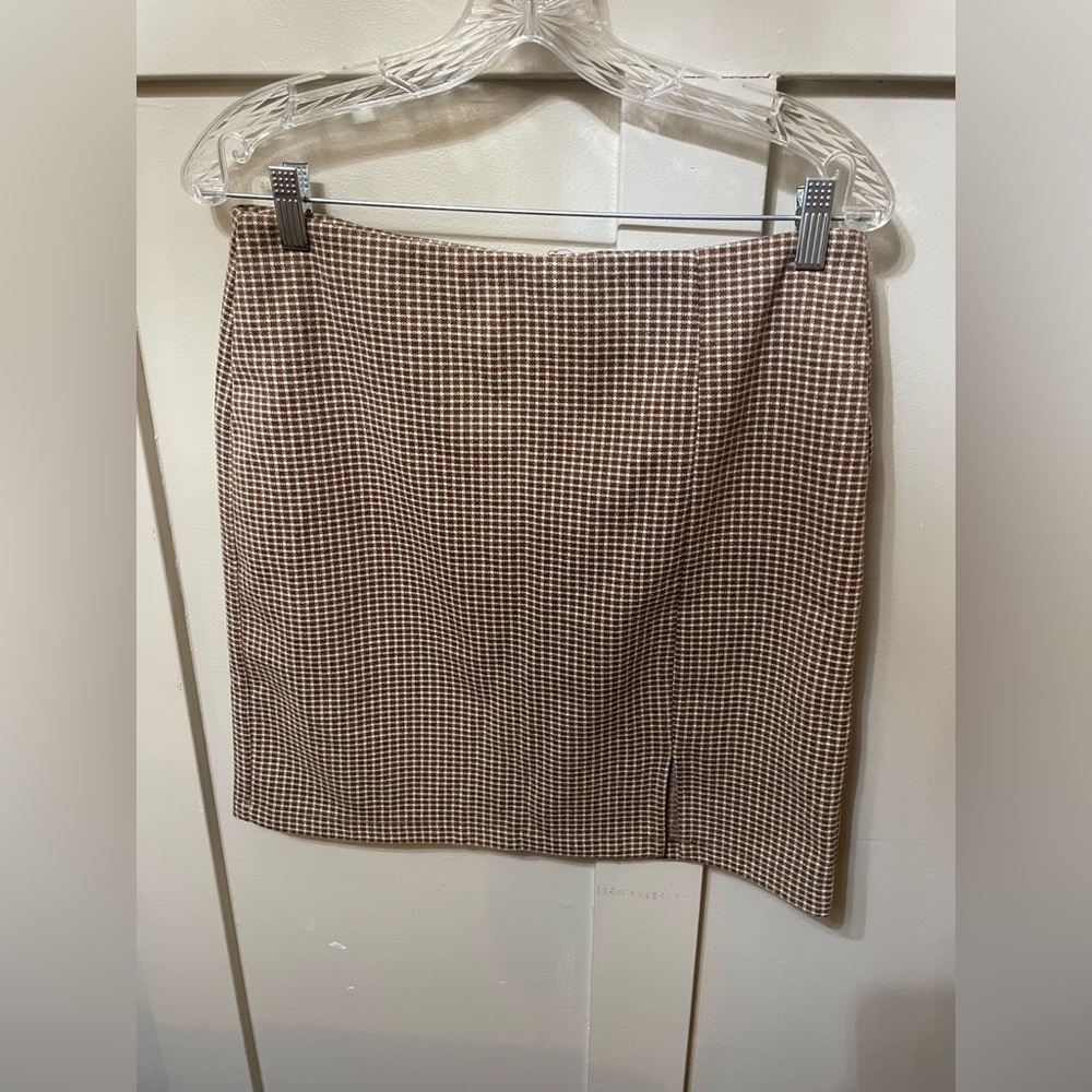 Brown and White Have Los Angeles Houndstooth Mini Wool Skirt
